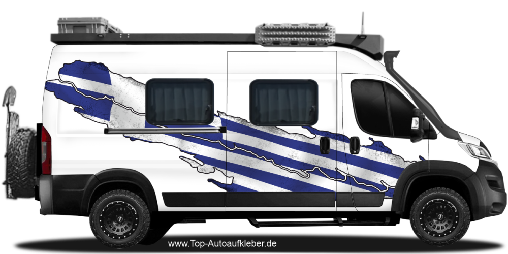Fahne Griechenland auf Fahrzeugseite von Camper