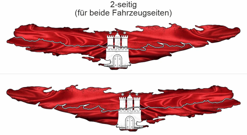 Die Flagge von Hamburg als Autoaufkleber - Ansicht zweiseitig für beide Fahrzeugseiten