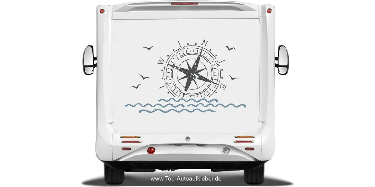 Aufkleber für Wohnmobil, Wohnwagen und Vans mit Kompass über dem Meer und Möwen
