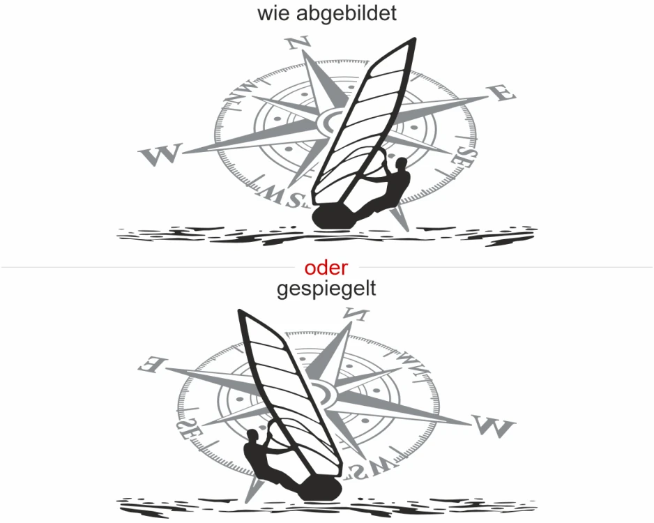 Heckscheibenaufkleber Windsurfer mit Kompassrose - Ansicht Ausrichtung