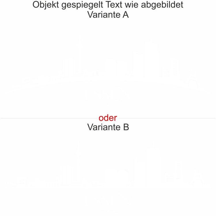 Essener Skyline als Aufkleber für die Heckscheibe - Ansicht Ausrichtung mit Farbauswahl und Variante