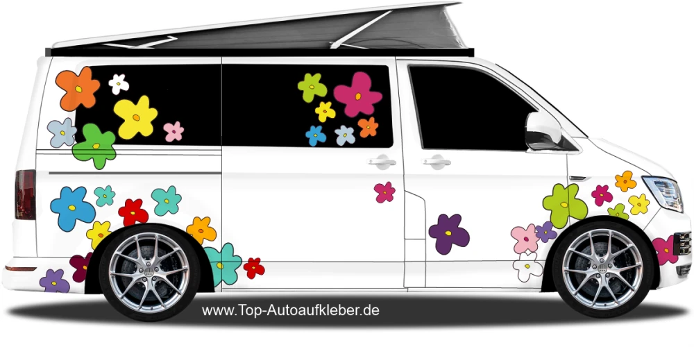 Hippie Flower Power Blumenaufkleber Set auf Fahrzeugseite von Camper