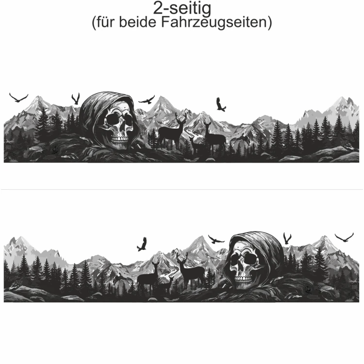 Klebefolie Bergmassiv mit Totenkopf - Ansicht zweiseitig für beide Fahrzeugseiten und Farbauswahl