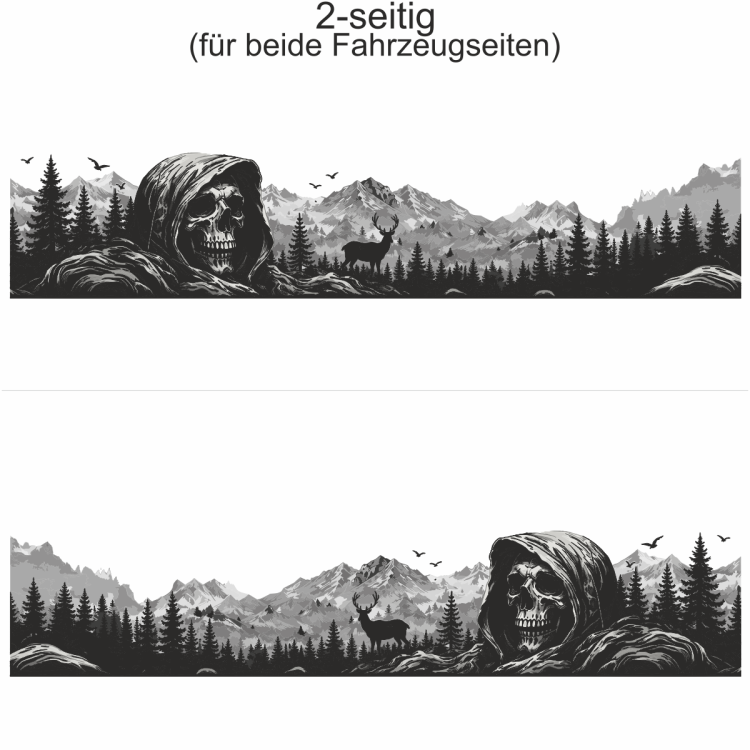 Klebefolie Bergmassiv mit Totenkopf - Ansicht zweiseitig für beide Fahrzeugseiten und Farbauswahl