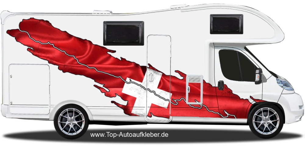 Klebefolie für Wohnmobil Schweiz auf Fahrzeugseite von Wohnmobil