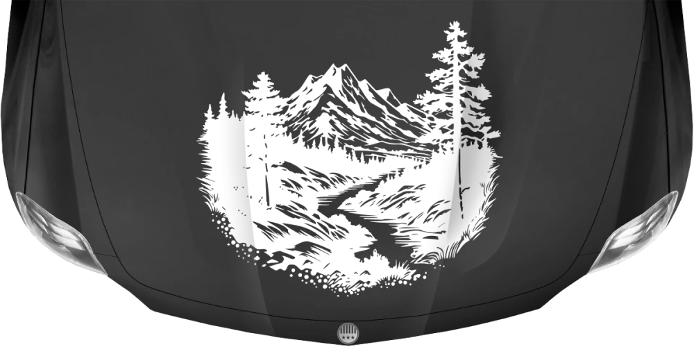 Motorhaubenaufkleber Gletscherbach in der Bergwelt auf dunkler Haube - Ansicht Farbauswahl