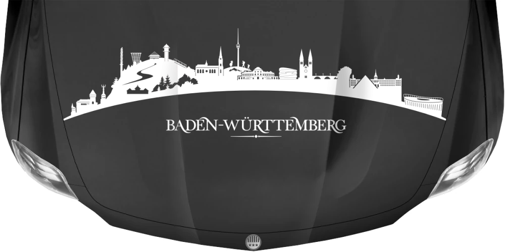 Motorhaubenaufkleber Skyline Baden-Württemberg auf dunkler Motorhaube - Ansicht Farbauswahl
