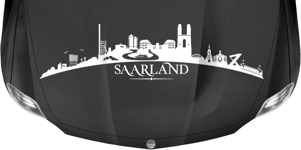 Motorhaubenaufkleber Skyline Saarland auf dunkler Motorhaube - Ansicht Farbauswahl