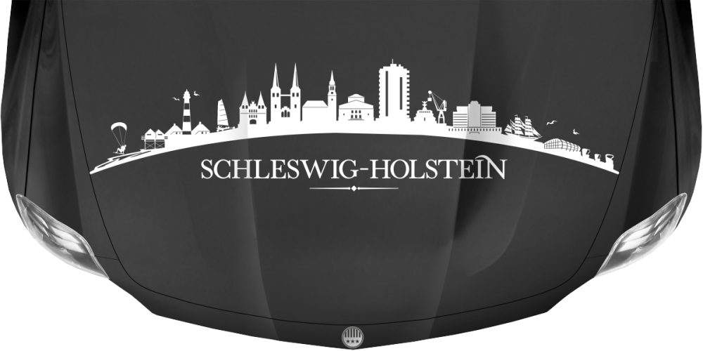 Motorhaubenaufkleber Skyline Schleswig-Holstein auf dunkler Motorhaube - Ansicht Farbauswahl