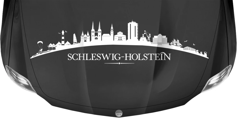 Motorhaubenaufkleber Skyline Schleswig-Holstein auf dunkler Motorhaube - Ansicht Farbauswahl