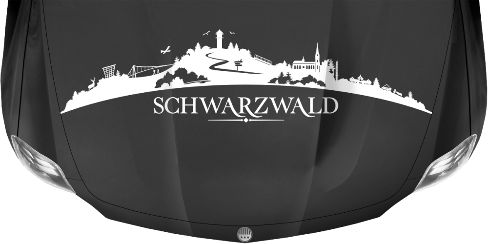 Motorhaubenaufkleber Skyline Schwarzwald auf dunkler Motorhaube - Ansicht Farbauswahl