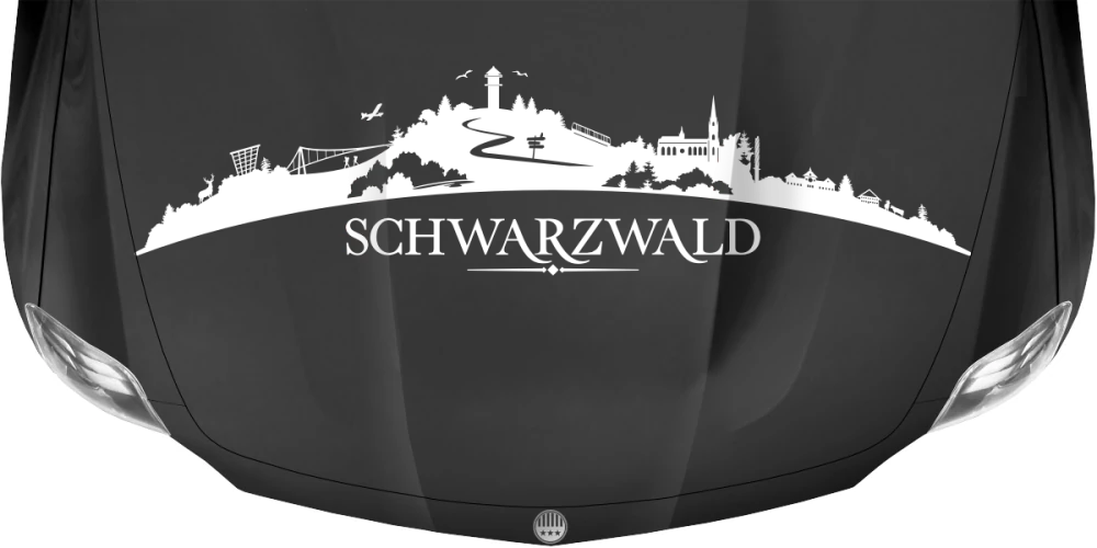 Motorhaubenaufkleber Skyline Schwarzwald auf dunkler Motorhaube - Ansicht Farbauswahl
