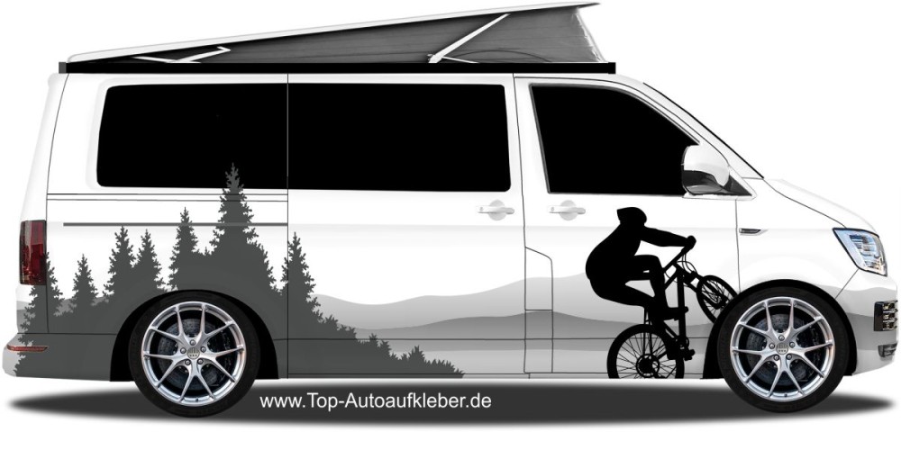 Aufkleber für Camper oder Caravan mit Mountainbike Fahrer in den Bergen