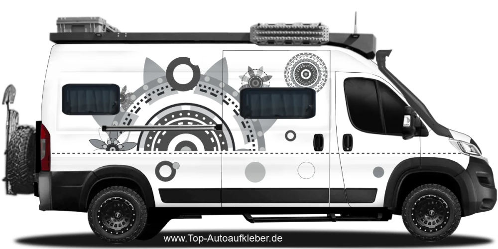 Reisemobil Aufkleber Kreisdekor auf hellem Kastenwagen Camper - Ansicht Farbauswahl