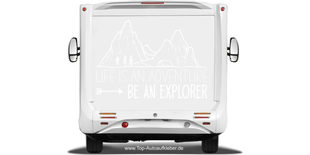 Reisemobilaufkleber Be an Explorer auf hellem Heck - Ansicht Farbauswahl Reisemobilaufkleber Be an Explorer auf hellem Heck - Ansicht Farbauswahl