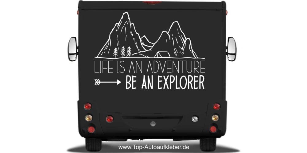 Reisemobilaufkleber Be an Explorer auf dunklem Heck - Ansicht Farbauswahl Reisemobilaufkleber Be an Explorer auf dunklem Heck - Ansicht Farbauswahl
