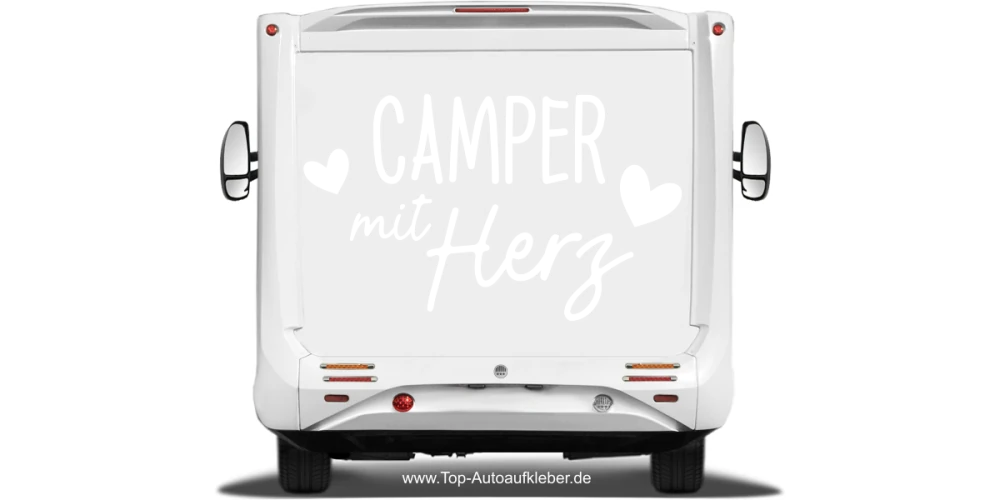 Reisemobilaufkleber Camper mit Herz auf hellem Reisemobilheck - Ansicht Farbauswahl Reisemobilaufkleber Camper mit Herz auf hellem Reisemobilheck - Ansicht Farbauswahl