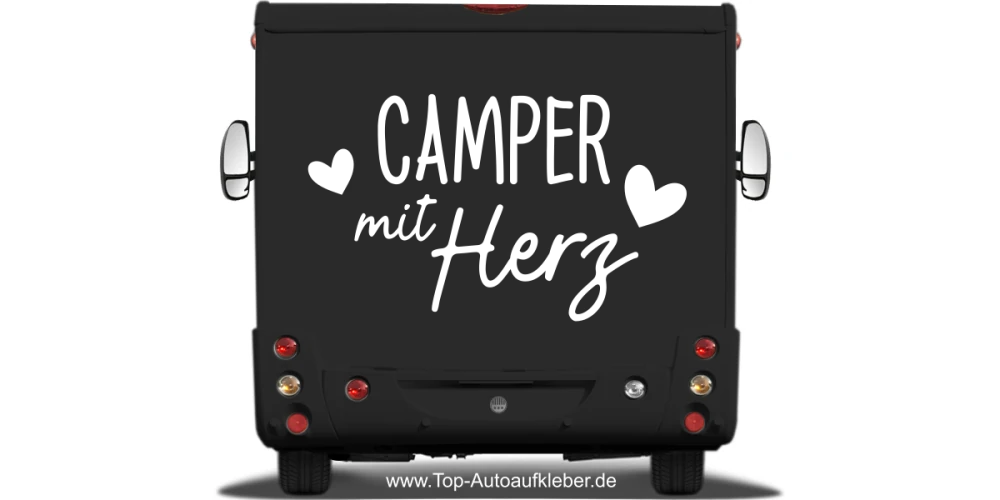 Reisemobilaufkleber Camper mit Herz auf dunklem Heck - Ansicht Farbauswahl Reisemobilaufkleber Camper mit Herz auf dunklem Heck - Ansicht Farbauswahl