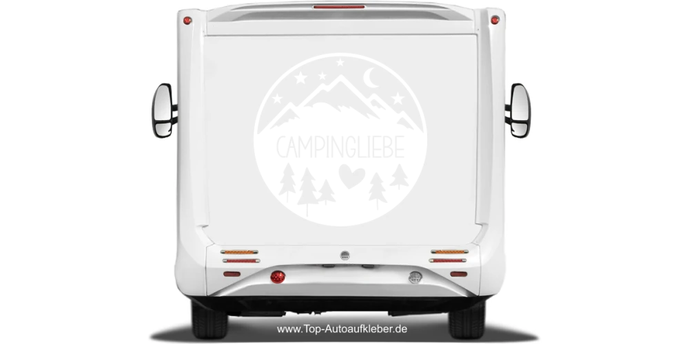 Reisemobilaufkleber Campingliebe auf hellem Reisemobilheck - Ansicht Farbauswahl Reisemobilaufkleber Campingliebe auf hellem Reisemobilheck - Ansicht Farbauswahl