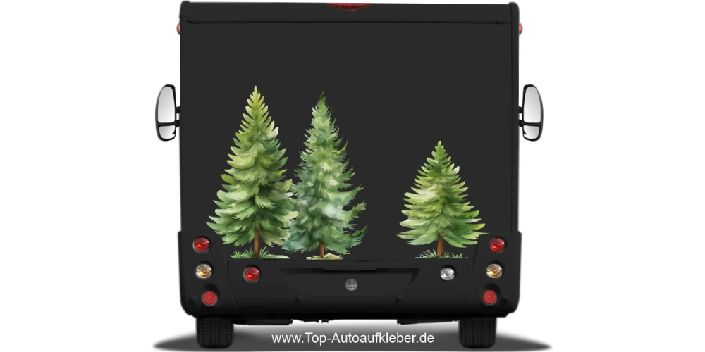 Reisemobilaufkleber Tannen Set auf dunklem Wohnmobil