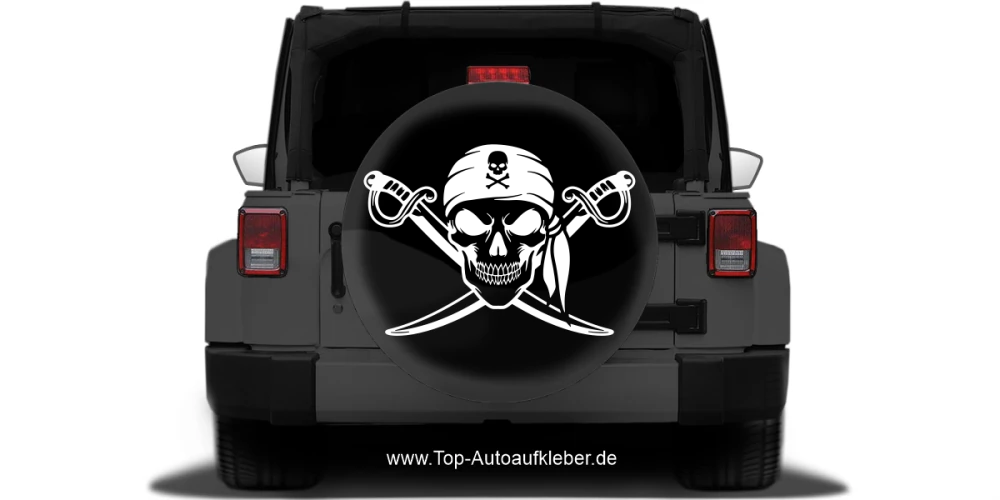 Seitenaufkleber Totenkopf mit gekreuzten Schwertern auf Radabdeckung von Jeep - Ansicht Farbauswahl