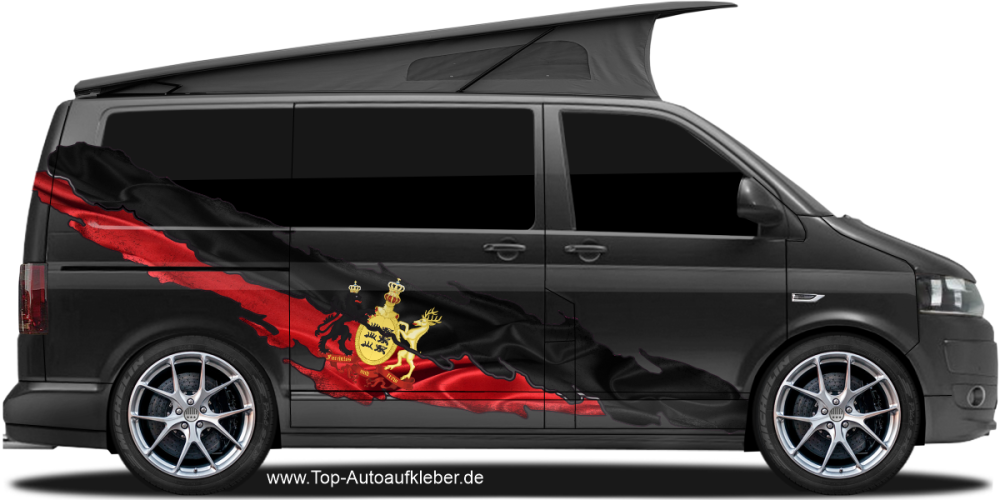 Die Flagge Baden-Württembergs zum Aufkleben auf Fahrzeugseite von dunklem Camper Van