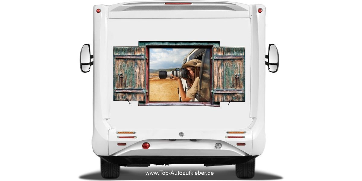 Autoaufkleber Eigenes Foto mit Fenster auf dem Heck von Wohnmobil oder Wohnwagen