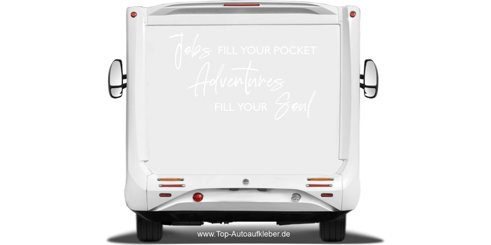 Wohnmobil Dekor Adventures fill your soul auf Heck eines hellen Wohnmobils - Ansicht Farbauswahl