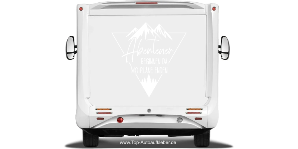 Wohnmobilaufkleber Spruch Abenteuer beginnen auf hellem Heck - Ansicht Farbauswahl