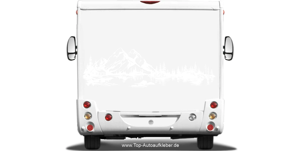 Wohnmobilaufkleber Bergsee mit Waldhütte auf hellem Wohnmobilheck - Ansicht Farbauswahl