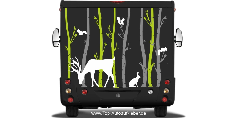 Wohnmobilaufkleber Birkenwald auf Heck von dunklem Wohnmobil oder Wohnwagen Wohnmobilaufkleber Birkenwald auf Heck von dunklem Wohnmobil oder Wohnwagen
