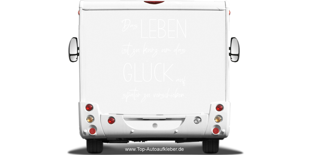 Wohnmobilaufkleber Glück auf Heck eines hellen Wohnmobils - Ansicht Farbauswahl