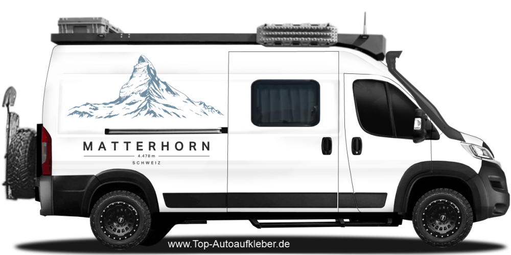 Wohnmobilaufkleber Matterhorn auf hellem Campervan