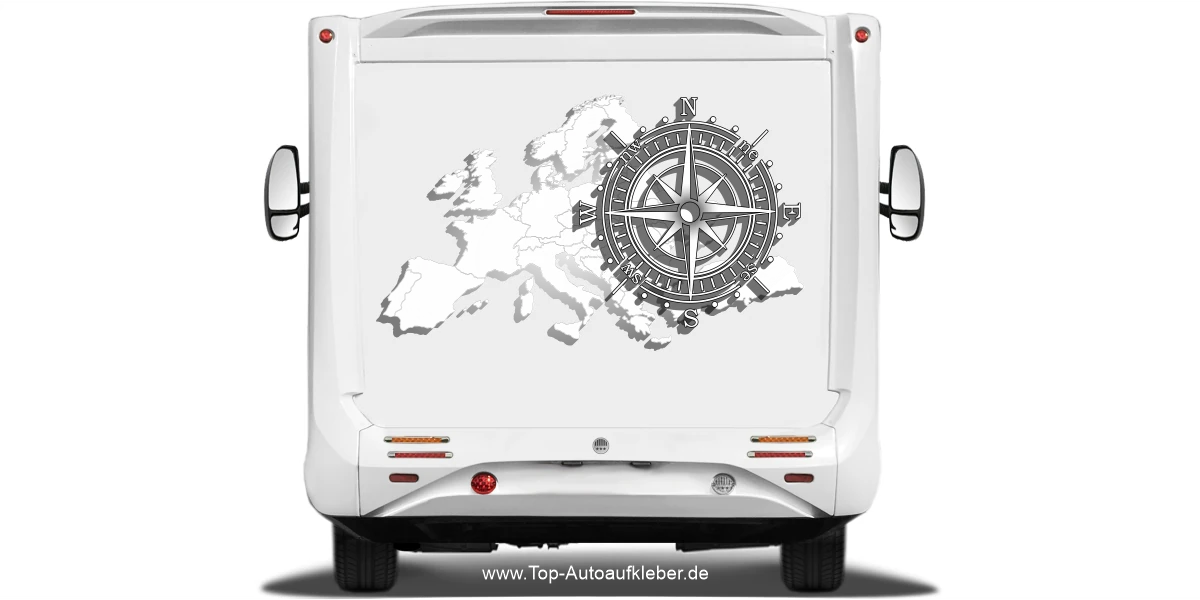 Wohnmobil Klebefolie Kompass und Europakarte Waschstraßenfest geschnitten