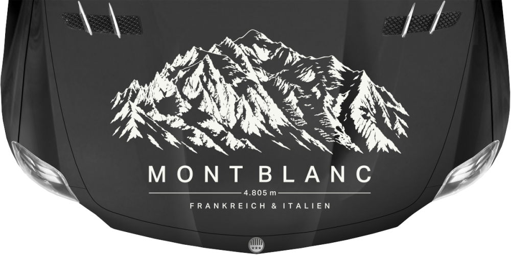 Wohnmobilaufkleber Mont Blanc auf dunkler Motorhaube