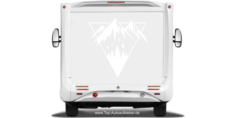 Wohnmobilaufkleber Nacht in den Bergen auf hellem Reisemobilheck - Ansicht Farbauswahl Wohnmobilaufkleber Nacht in den Bergen auf hellem Reisemobilheck - Ansicht Farbauswahl