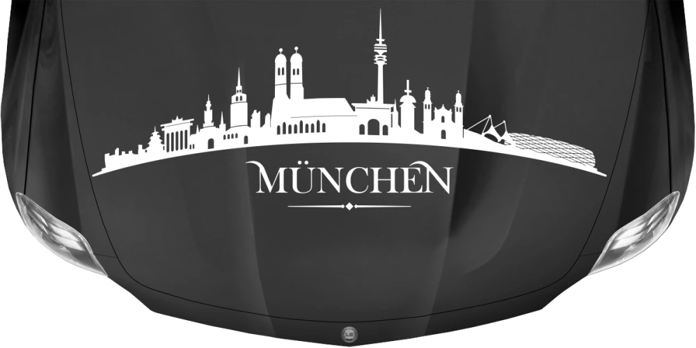 Münchner Skyline als Wohnmobilaufkleber auf dunkler Motorhaube - Ansicht Farbauswahl