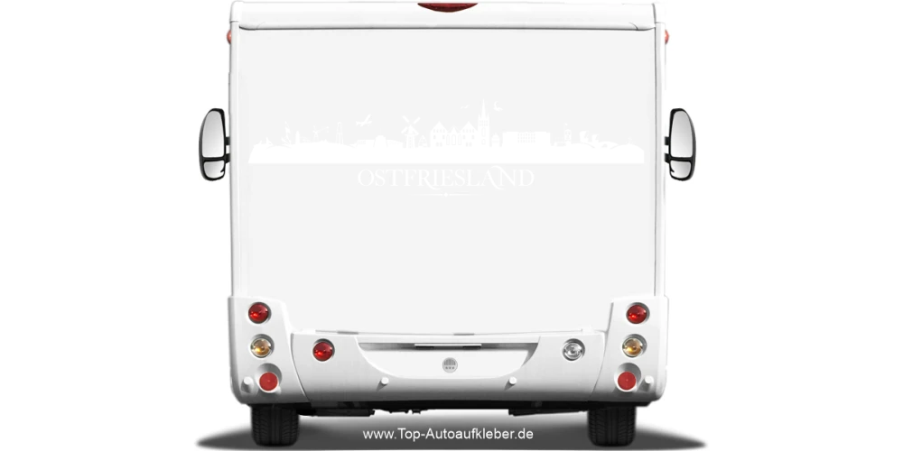 Wohnmobilaufkleber Skyline Ostfriesland auf hellem Wohnmobil - Ansicht Farbauswahl