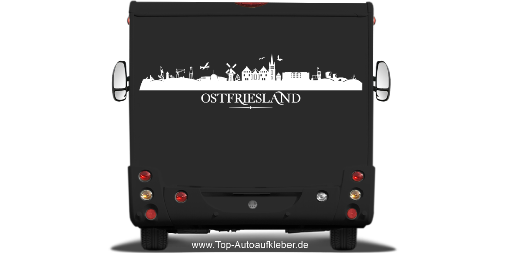 Wohnmobilaufkleber Skyline Ostfriesland auf dunklem Wohnmobil - Ansicht Farbauswahl