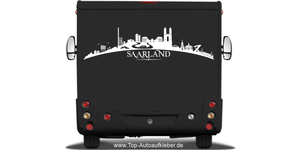 Wohnmobilaufkleber Skyline Saarland auf dunklem Wohnmobil - Ansicht Farbauswahl