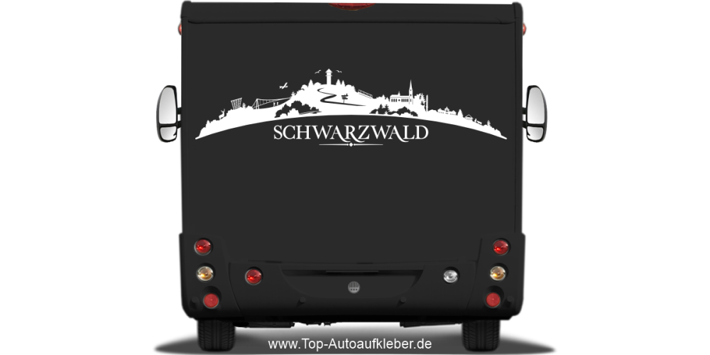 Wohnmobilaufkleber Skyline Schwarzwald auf dunklem Wohnmobil - Ansicht Farbauswahl