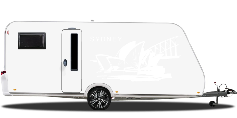 Wohnmobilaufkleber Sydney auf hellem Wohnwagen - Ansicht Farbauswahl