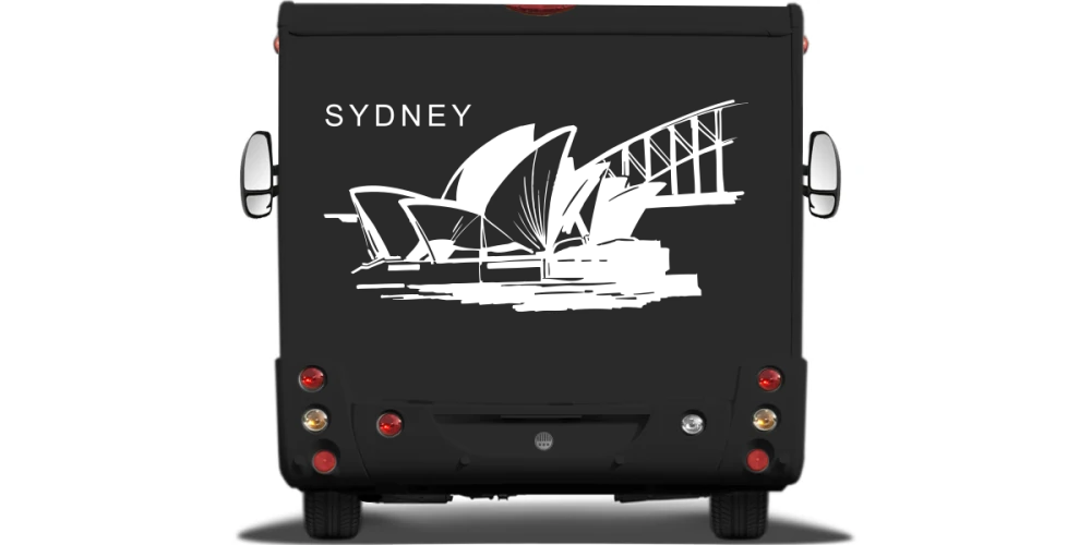Wohnmobilaufkleber Sydney auf Heck von Wohnmobil oder Wohnwagen - Ansicht Farbauswahl