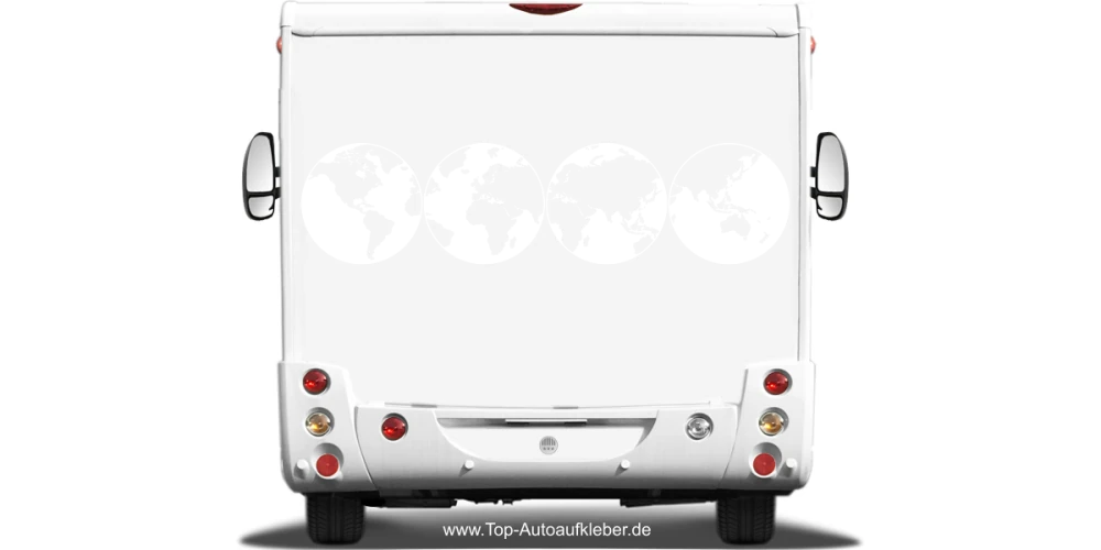 Wohnmobilaufkleber Weltkarte auf Heck von Wohnmobil oder Wohnwagen - Ansicht Farbauswahl