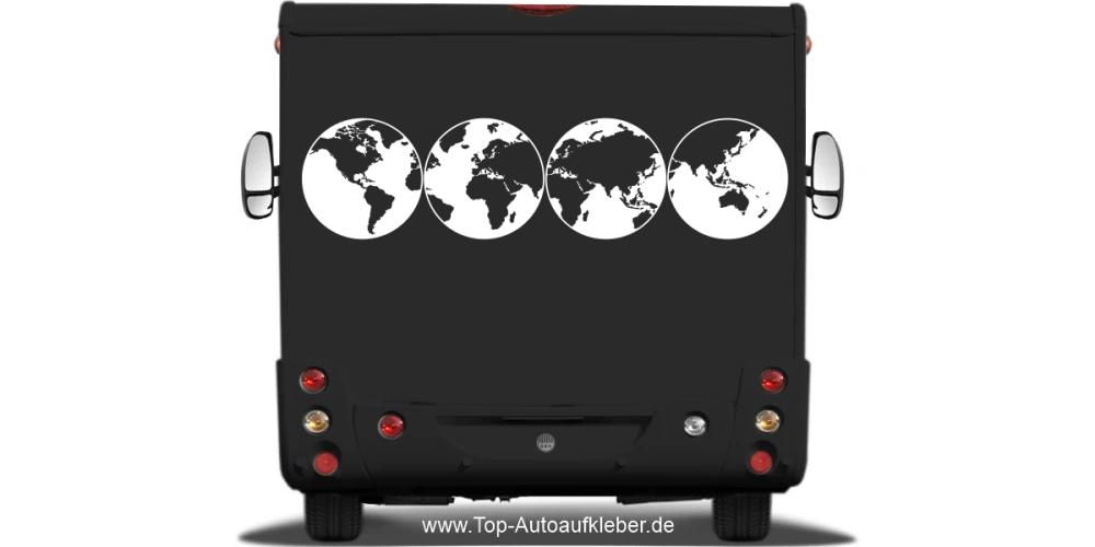 Wohnmobilaufkleber Weltkarte auf Heck von Wohnmobil oder Wohnwagen - Ansicht Farbauswahl