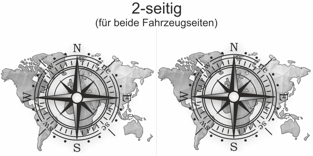 Wohnmobildekor Weltkarte mit Windrose - Ansicht zweiseitig für beide Fahrzeugseiten und Farbauswahl Wohnmobildekor Weltkarte mit Windrose - Ansicht zweiseitig für beide Fahrzeugseiten und Farbauswahl