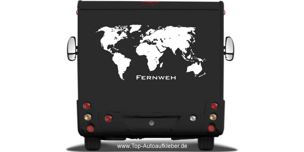 ebefolie für Wohnmobil mit Text Fernweh und Weltkarte auf dunklem Camper - Ansicht Farbauswahl