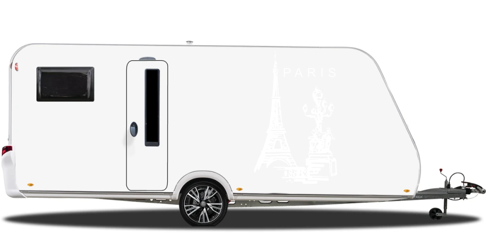 Wohnmobilaufkleber Eiffelturm Paris auf hellem Wohnwagen - Ansicht Farbauswahl Wohnmobilaufkleber Eiffelturm Paris auf hellem Wohnwagen - Ansicht Farbauswahl