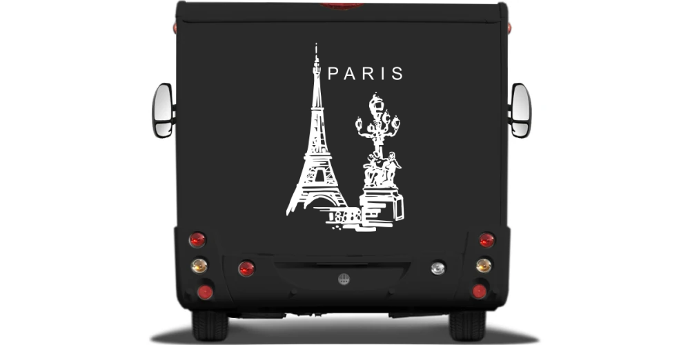 Wohnmobilaufkleber Eiffelturm Paris auf Heck von Wohnmobil oder Wohnwagen - Ansicht Farbauswahl Wohnmobilaufkleber Eiffelturm Paris auf Heck von Wohnmobil oder Wohnwagen - Ansicht Farbauswahl