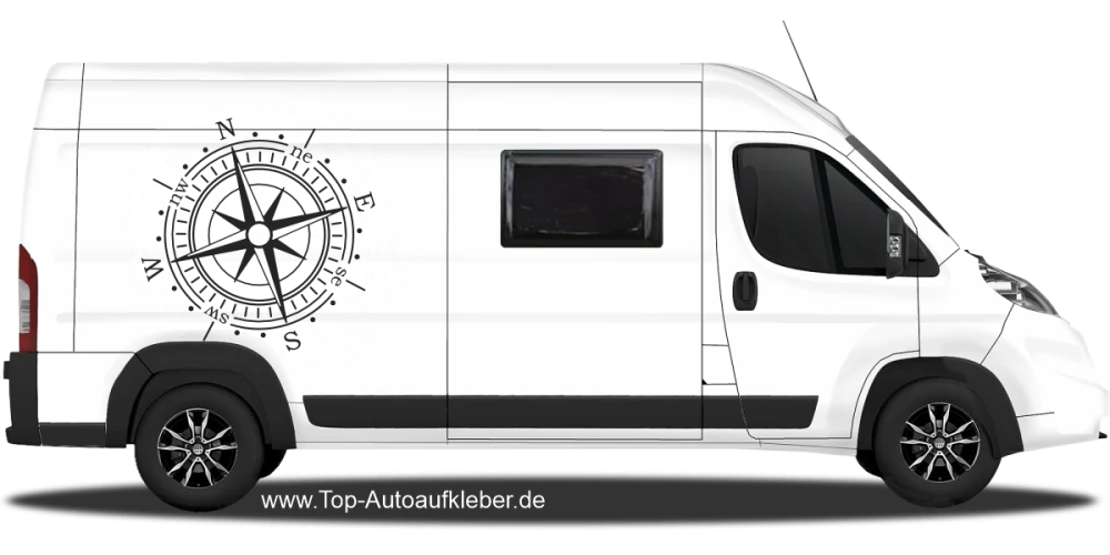 Wohnwagendesign Farbiger Kompass auf hellem Campervan - Ansicht Farbauswahl